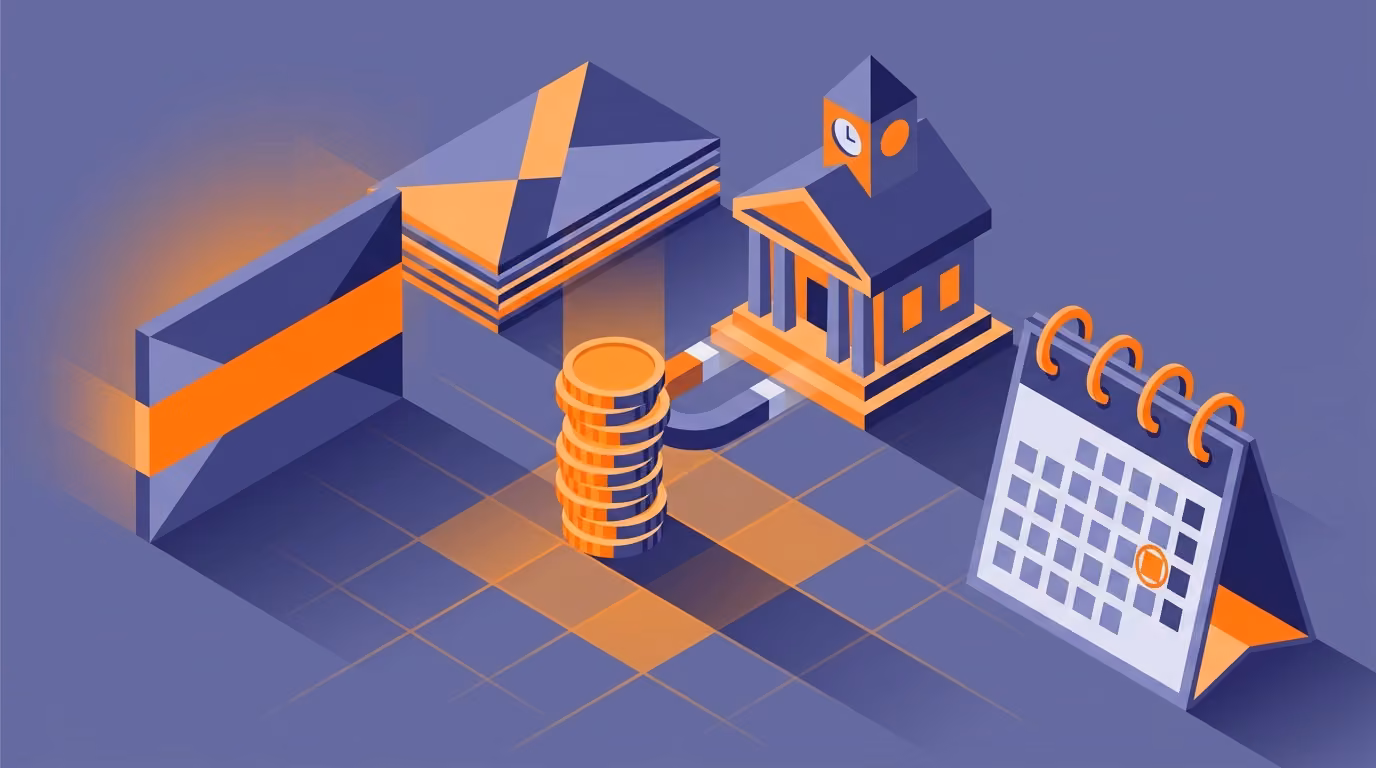 Illustration of a final notice envelope with an orange band, a coin stack, a bank building and a calendar with the last day circled