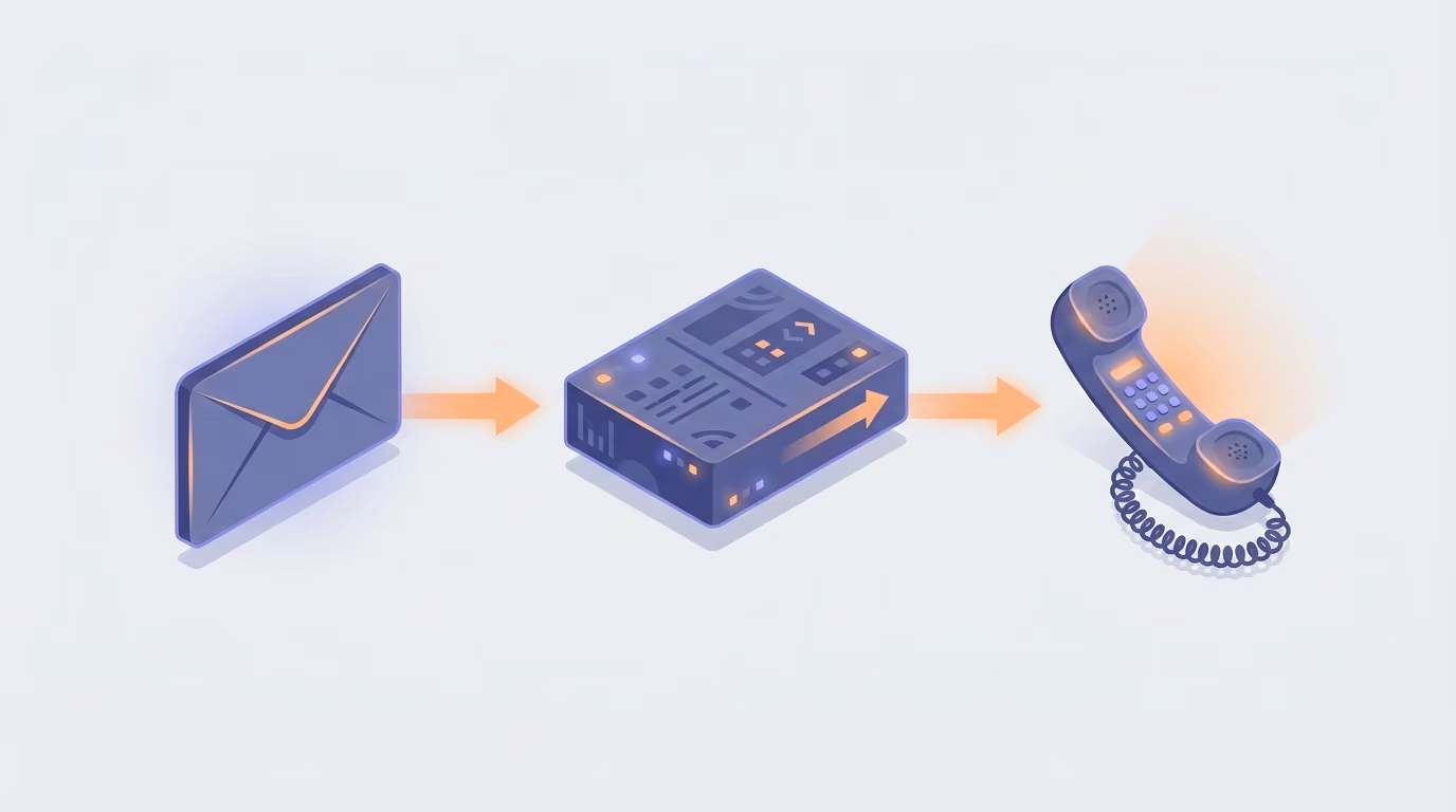 Illustration of an envelope, a code box and a phone handset joined by orange arrows