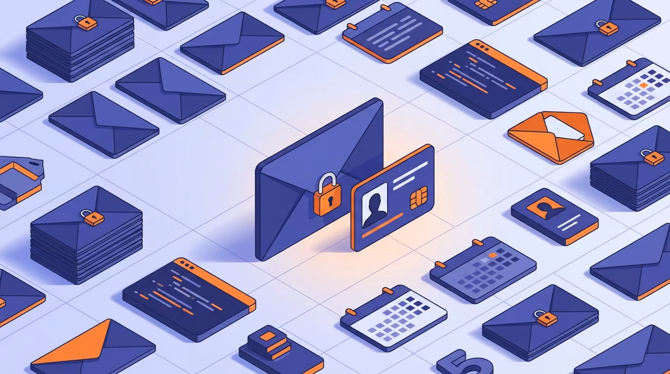 Illustration of a sealed envelope with a padlock beside an identity card, surrounded by more envelopes
