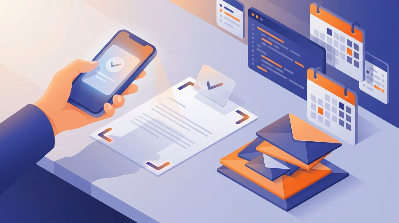 Illustration of a phone held over a notice letter, with scan corners, a checkmark card and a small stack of envelopes