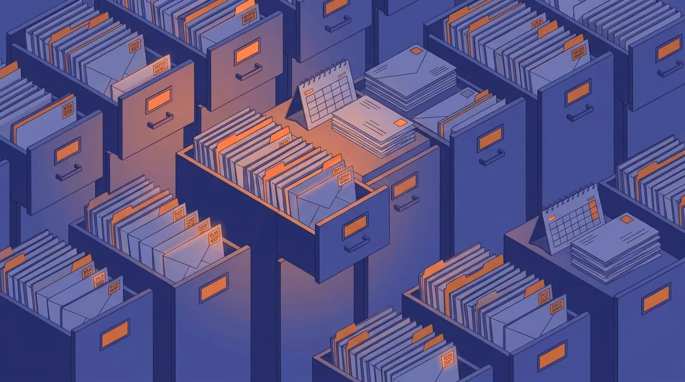 Illustration of a card file of envelopes, each with a small boxed code in its corner