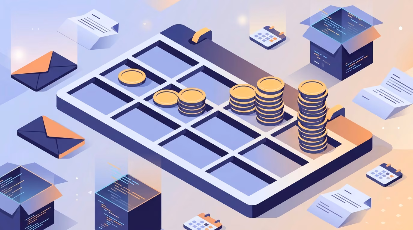 Illustration of a calendar with coin stacks growing in equal steps and a small envelope