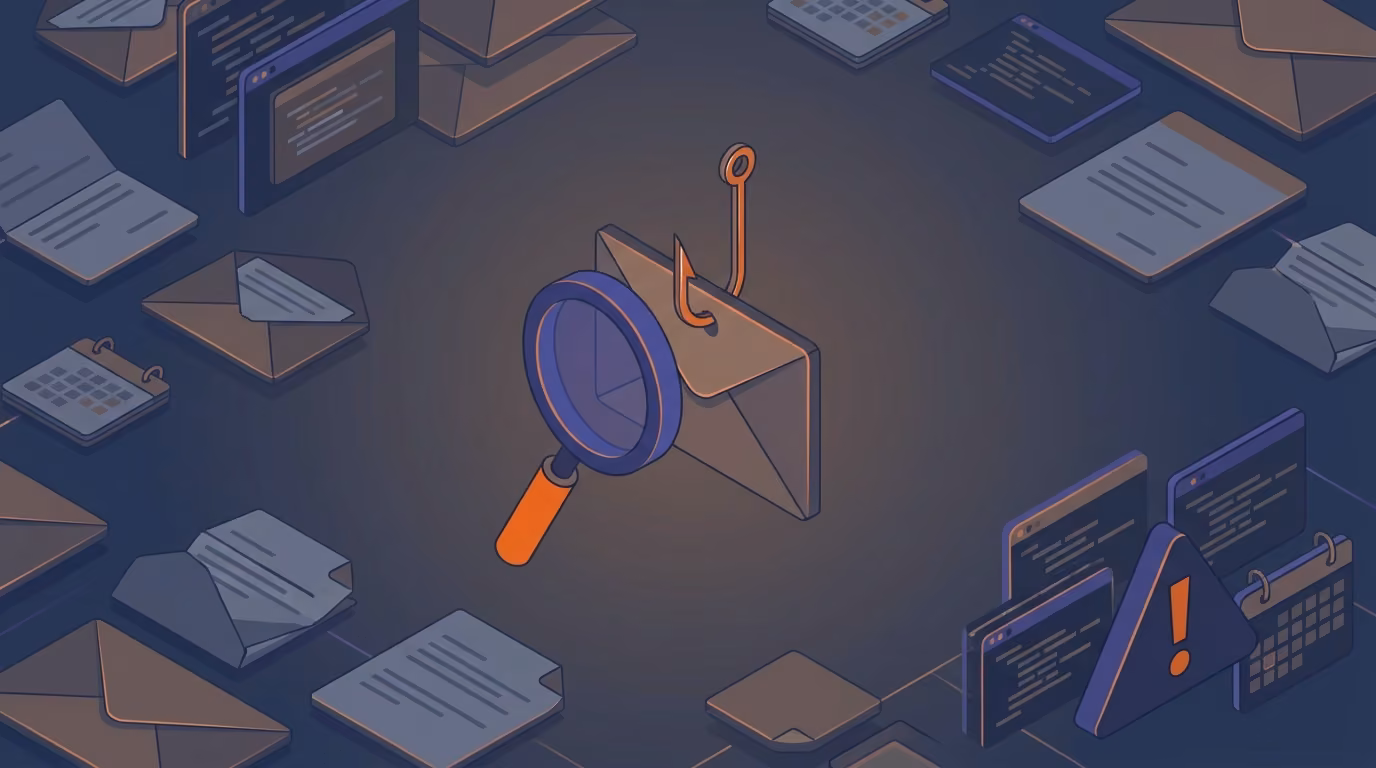 Illustration of a magnifying glass over an envelope with a fishing hook, and a warning triangle