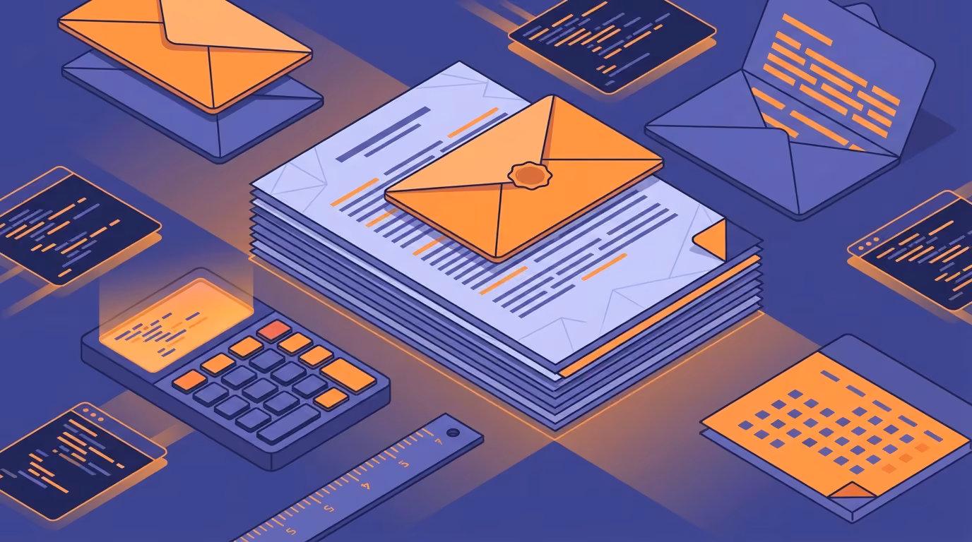 Illustration of a stack of printed transcript pages with a calculator, a ruler and an envelope