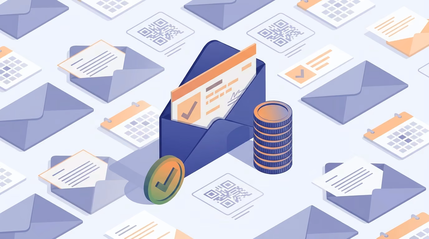 Illustration of an envelope with a refund slip coming out, a coin stack and a checkmark badge