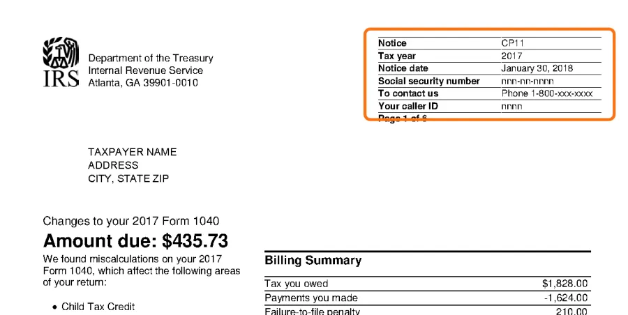 Top of the official IRS sample CP11 notice, with the notice code box in the top right corner outlined in orange.
