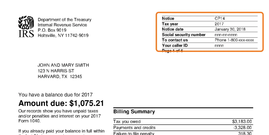 Top of the official IRS sample CP14 notice, with the notice code box in the top right corner outlined in orange.
