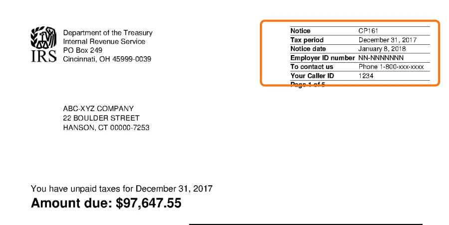 Top of the official IRS sample CP161 notice, with the notice code box in the top right corner outlined in orange.