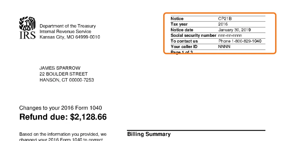 Top of the official IRS sample CP21B notice, with the notice code box in the top right corner outlined in orange.