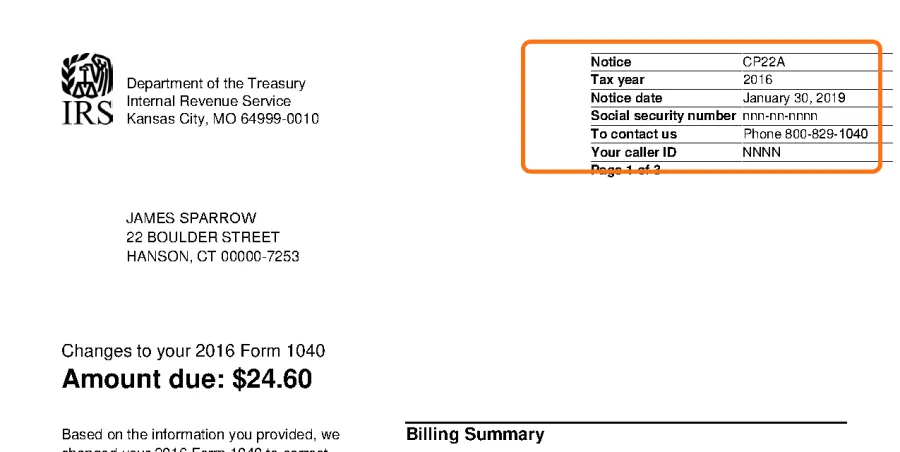 Top of the official IRS sample CP22A notice, with the notice code box in the top right corner outlined in orange.