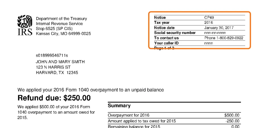 Top of the official IRS sample CP49 notice, with the notice code box in the top right corner outlined in orange.