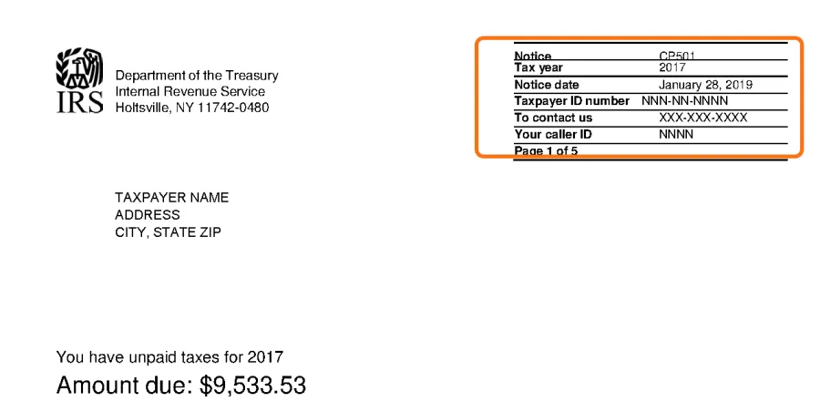 Top of the official IRS sample CP501 notice, with the notice code box in the top right corner outlined in orange.