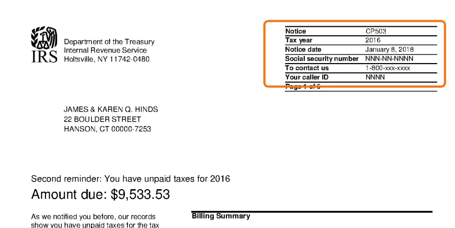 Top of the official IRS sample CP503 notice, with the notice code box in the top right corner outlined in orange.