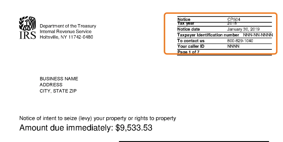 Top of the official IRS sample CP504 notice, with the notice code box in the top right corner outlined in orange.