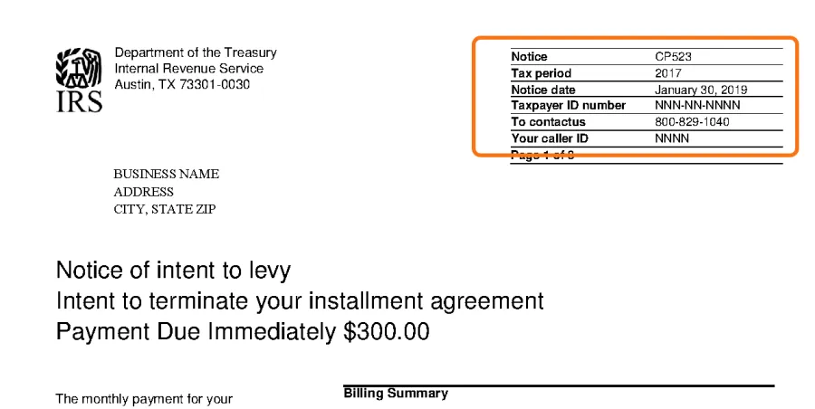Top of the official IRS sample CP523 notice, with the notice code box in the top right corner outlined in orange.