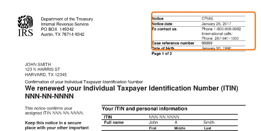 Top of the official IRS sample CP565 notice, with the notice code box in the top right corner outlined in orange.