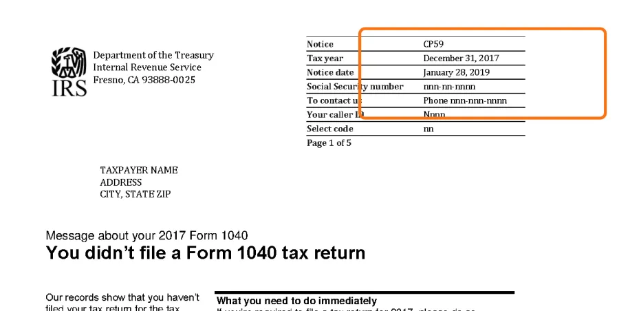 Top of the official IRS sample CP59 notice, with the notice code box in the top right corner outlined in orange.
