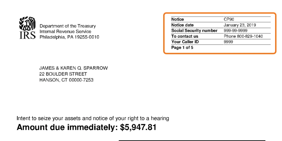 Top of the official IRS sample CP90 notice, with the notice code box in the top right corner outlined in orange.