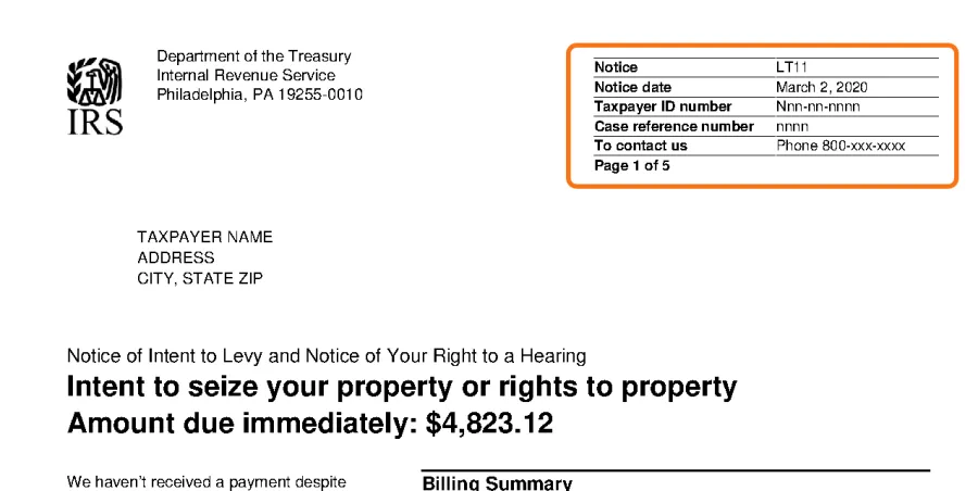 Top of the official IRS sample LT11 notice, with the notice code box in the top right corner outlined in orange.